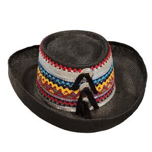 Whittall & Shon Concho Straw Hat Black Western Derby Colorful Festival Vintage